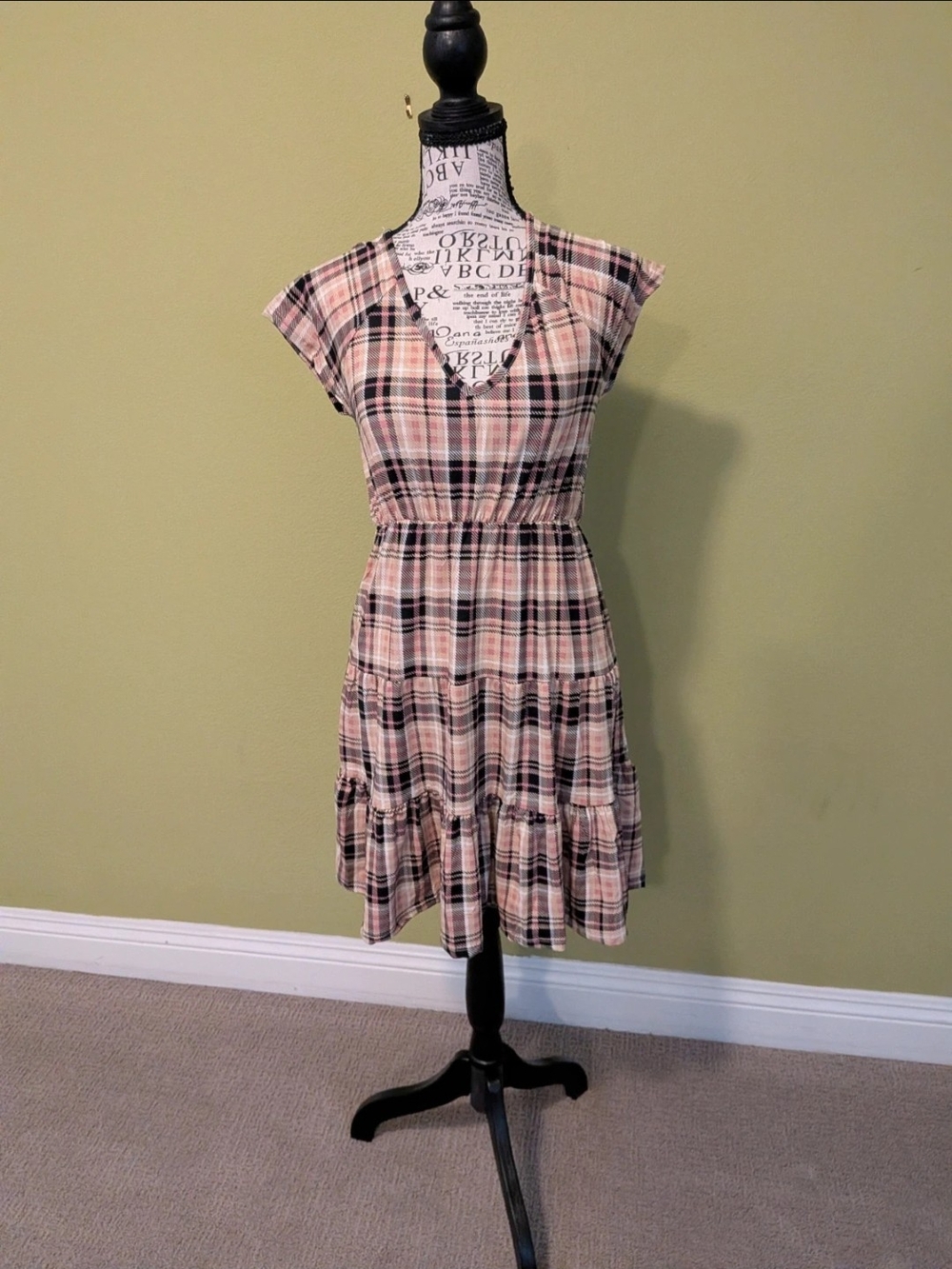 Women's Pink Plaid Cap-Sleeve Casual Dress